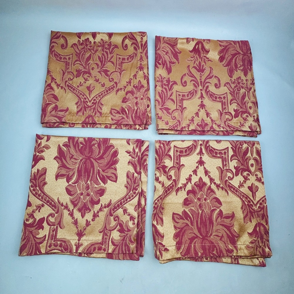 Waterford Floral Damask Napkin Set of 4 Gold Burgundy 20x20 Jacquard Fabric 2004